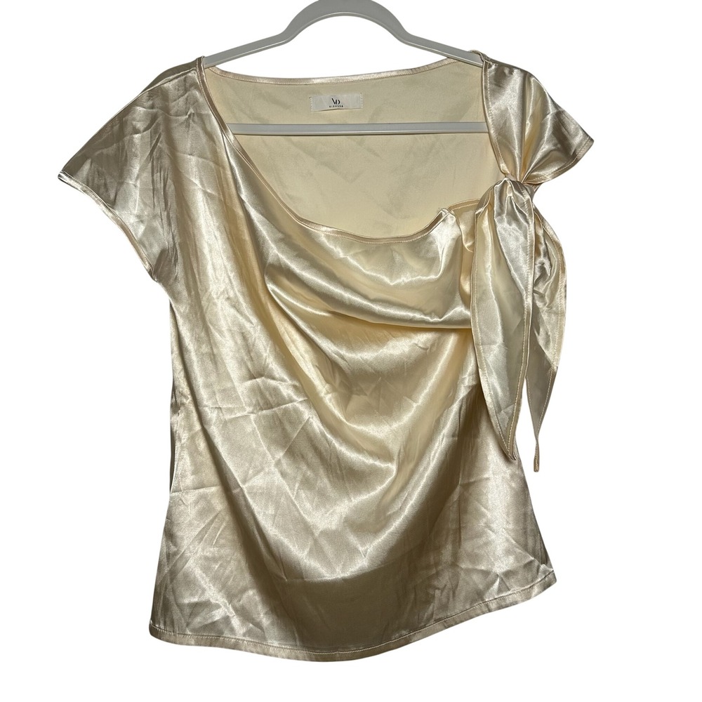 VIDUSSA Womens Cream Satin Cowl‎ Neck Knot Detail Short Sleeve Top Size S
